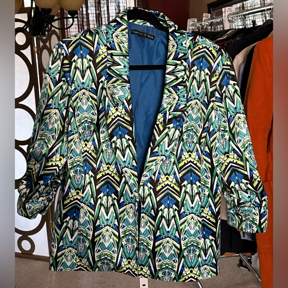 Preston & York Geometric Print Ruched Sleeve Blazer Blue Green Size 18